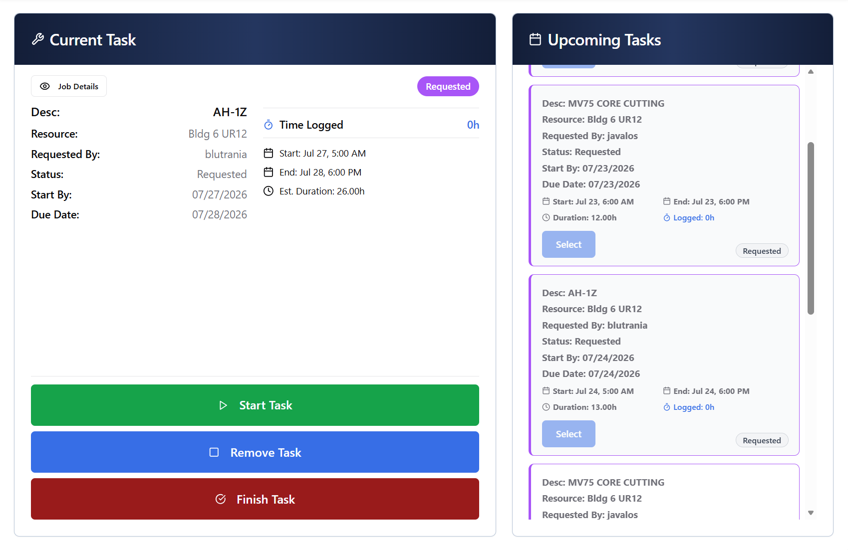 CoreScheduler operator dashboard showing the current task with job details and start/finish actions next to a list of upcoming tasks